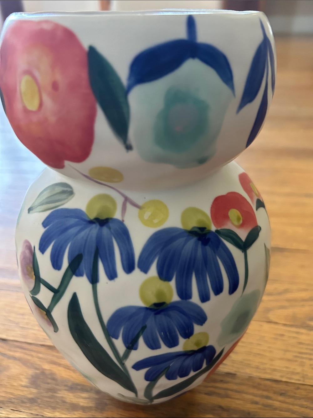 Anthropologie Hand-Painted Floral Ceramic vase.  Blue, Yellow, Red